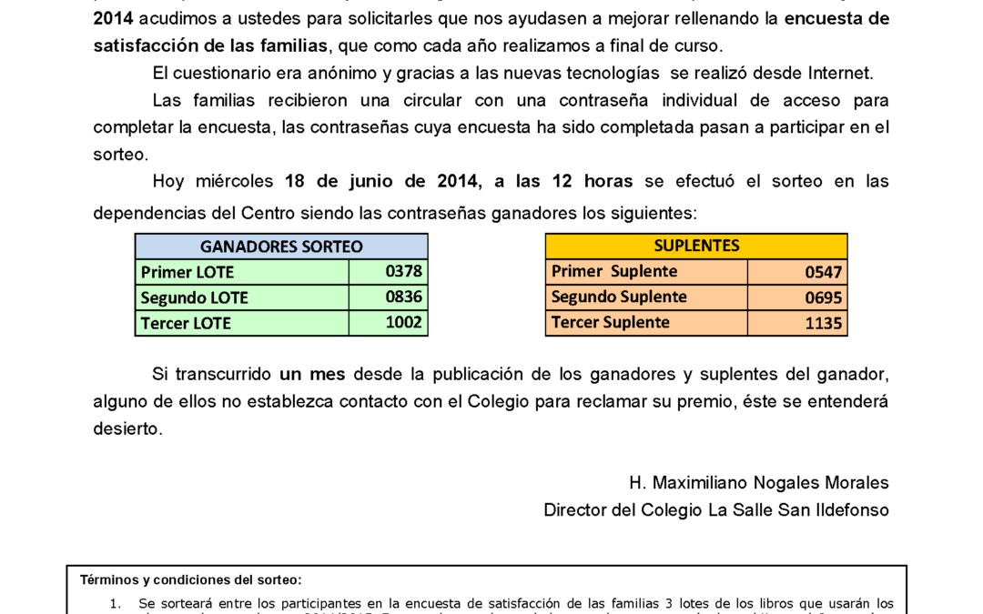 Resultados del sorteo de los tres lotes de libros de la encuesta de satisfacción de las familias