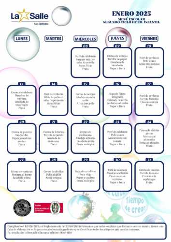 MENÚ 2o CICLO DE INFANTIL ENERO 2025